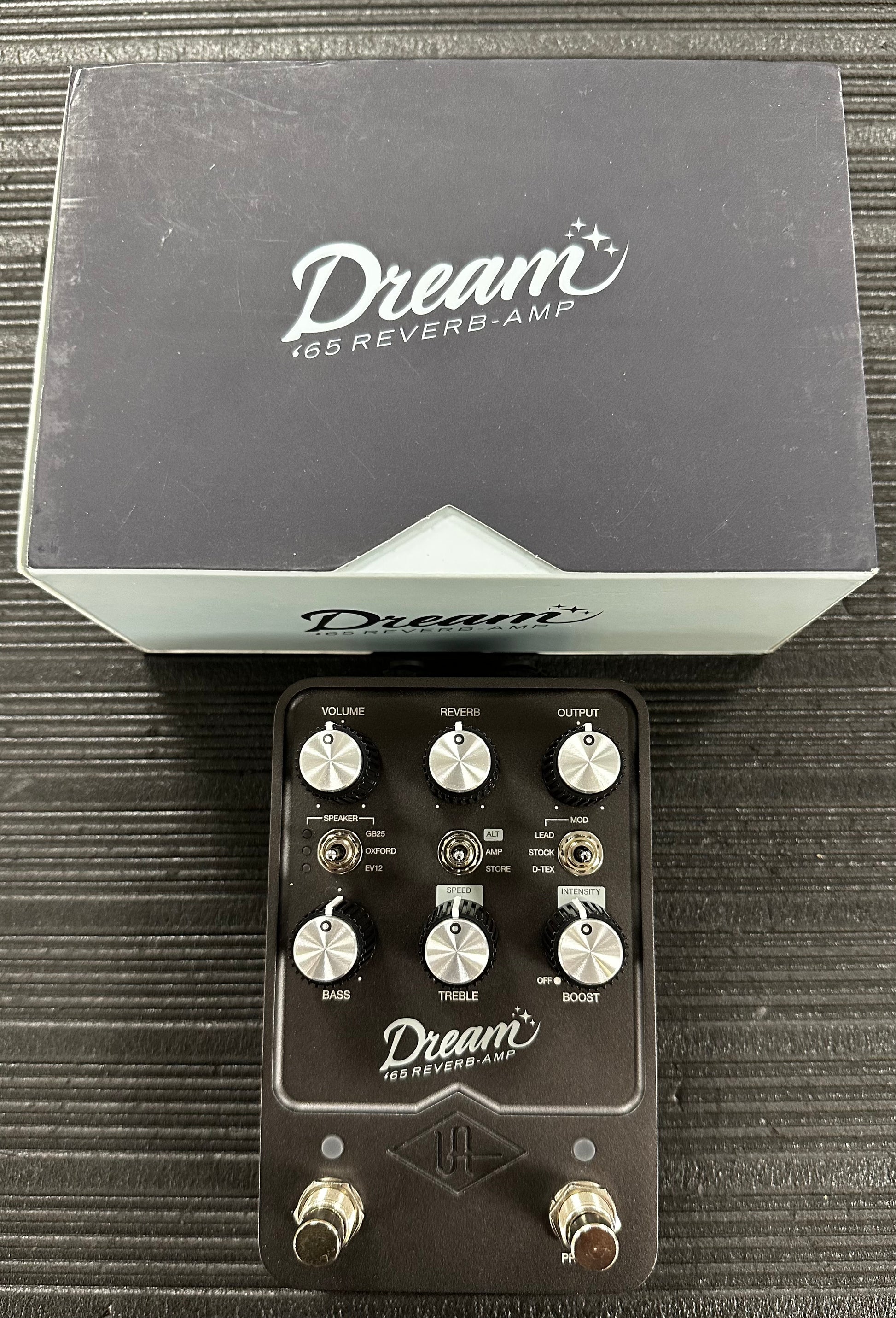 Top view with box of Used Universal Audio Dream '65 Reverb Pedal w/Box