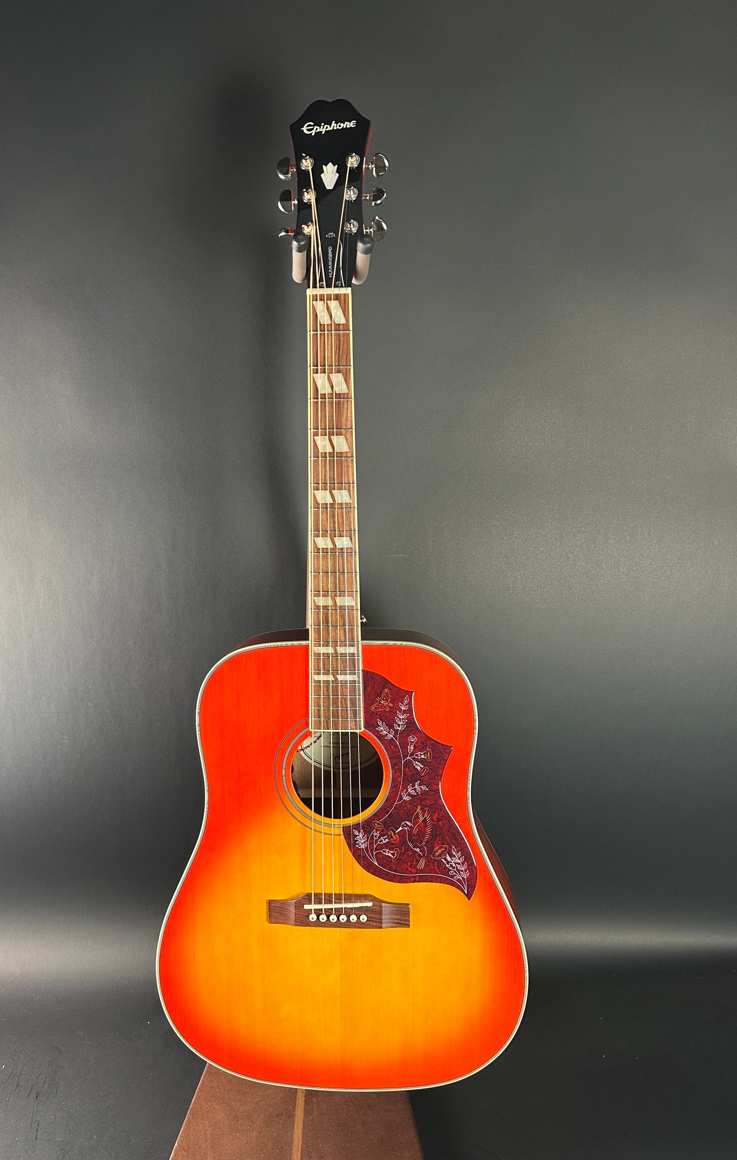 Full front of Used Epiphone Hummingbird Studio AE Cherry Burst.