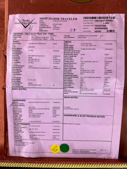 Spec sheet for Fender Custom Shop Limited Edition 53 Tele Time Capsule Faded Nocaster Blonde.