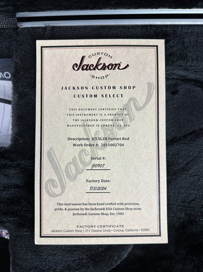 Certificate of authenticity for Jackson Custom Shop SL2H Ferrari Red.