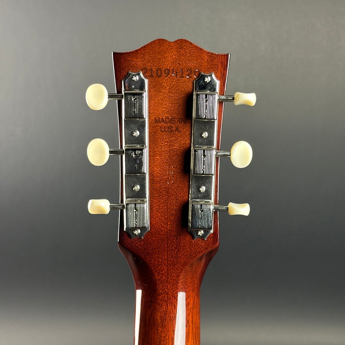 Back of headstock of Used 2024 Gibson Demo Shop 50s J-45 Sunburst.