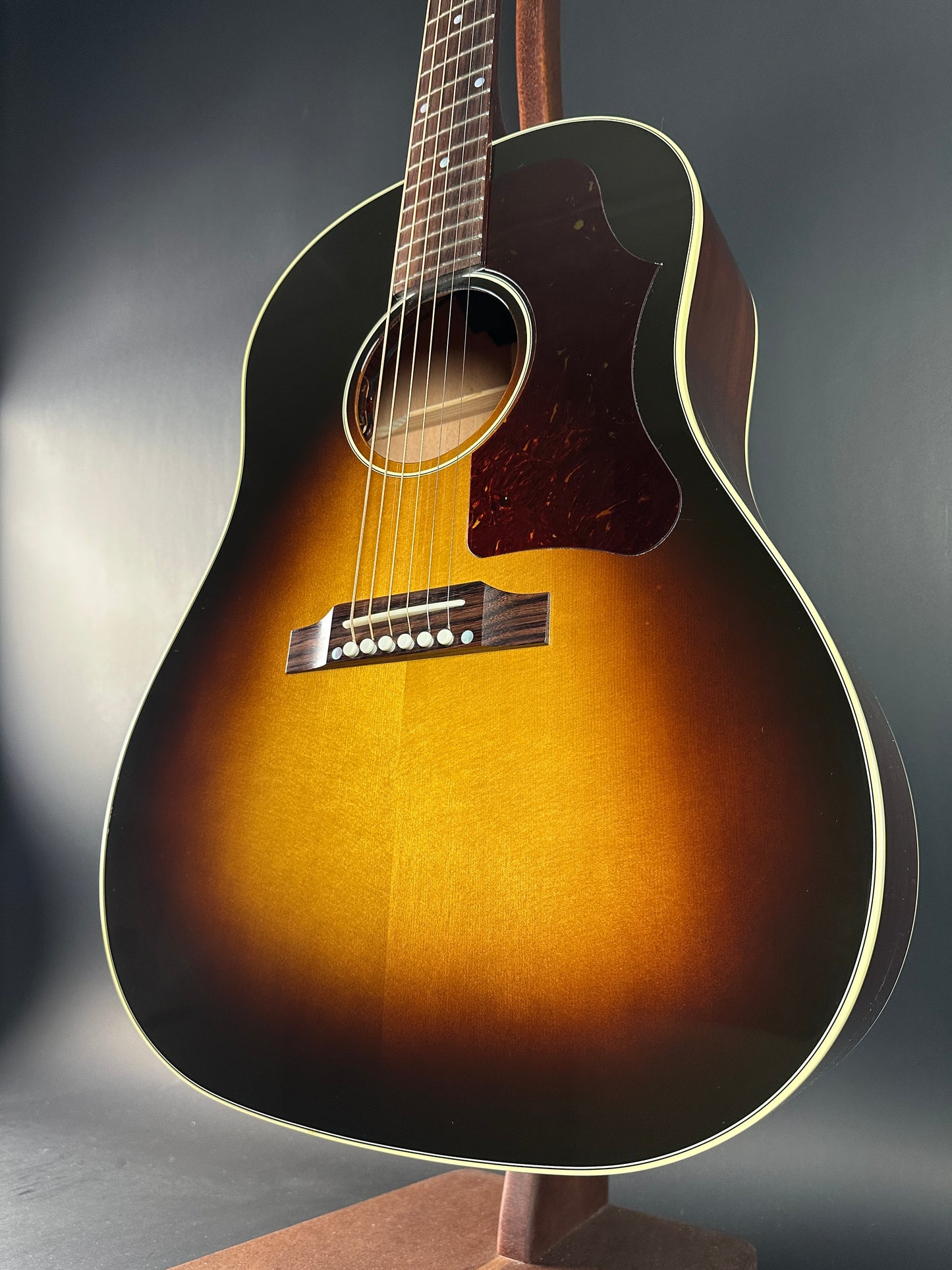 Front angle of Used 2024 Gibson Demo Shop 50s J-45 Sunburst.