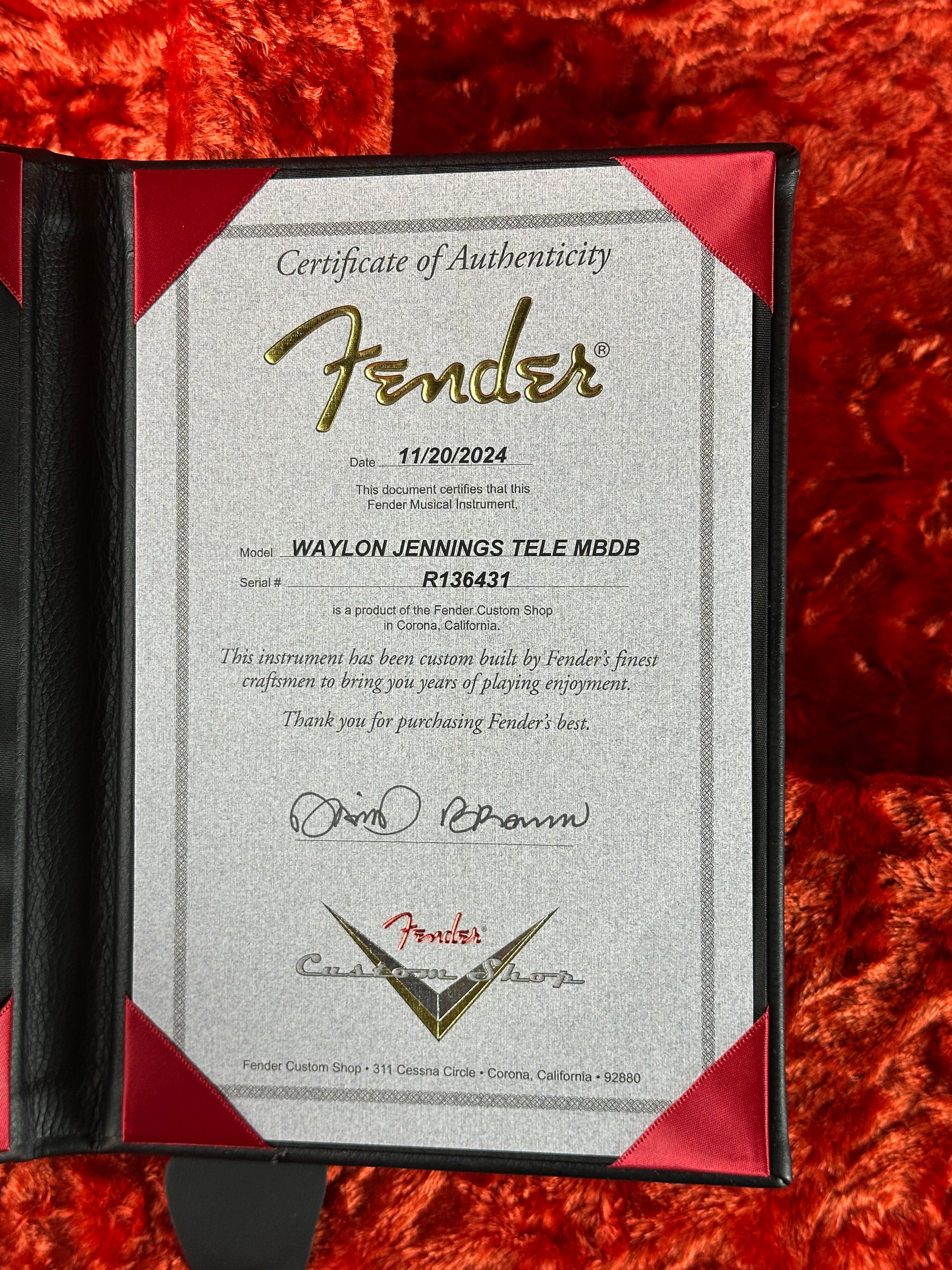 Certificate of authenticity for Fender Custom Shop Limited Edition Masterbuilt Waylon Jennings Telecaster Relic.