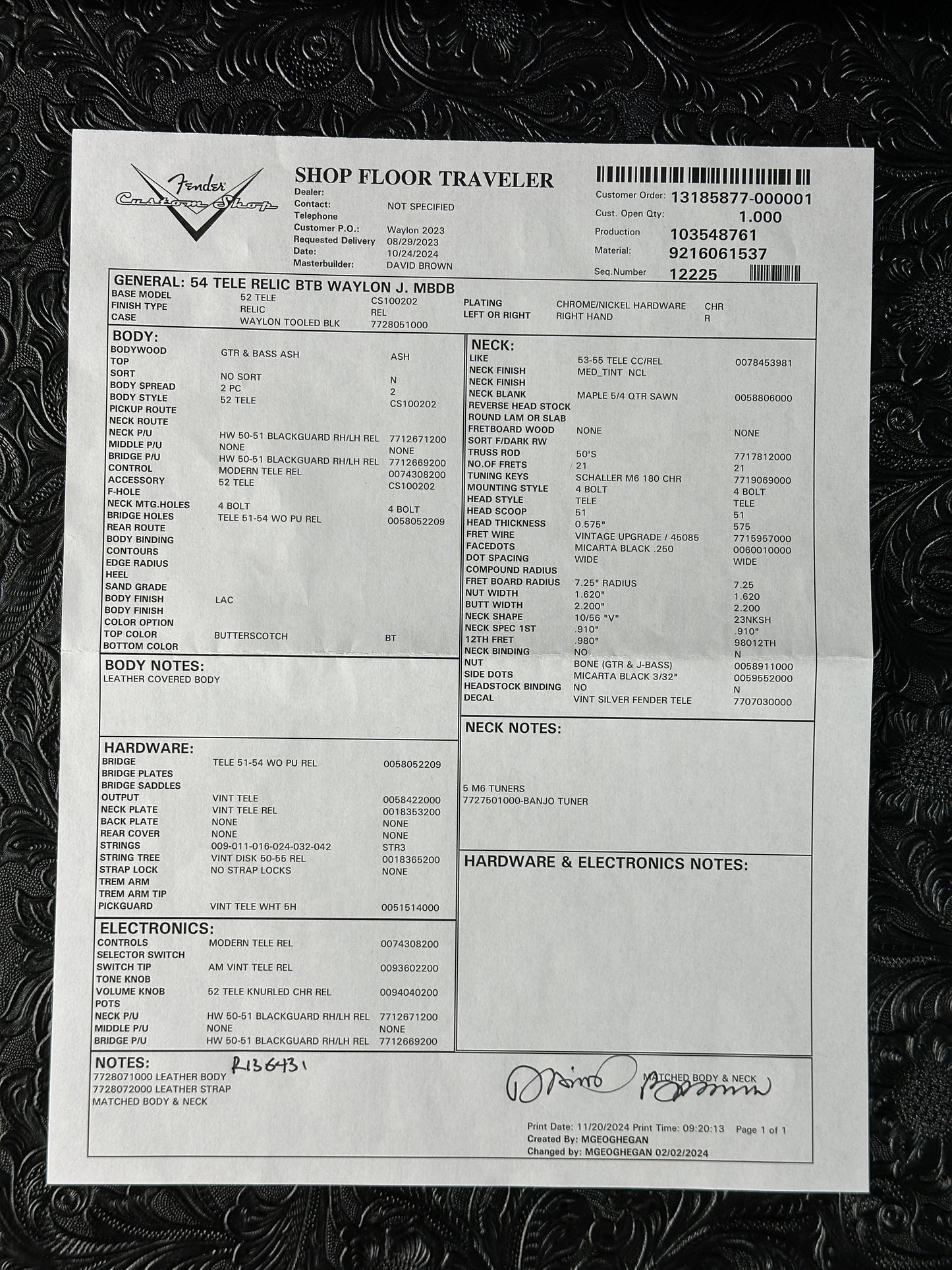 Spec sheet for Fender Custom Shop Limited Edition Masterbuilt Waylon Jennings Telecaster Relic.