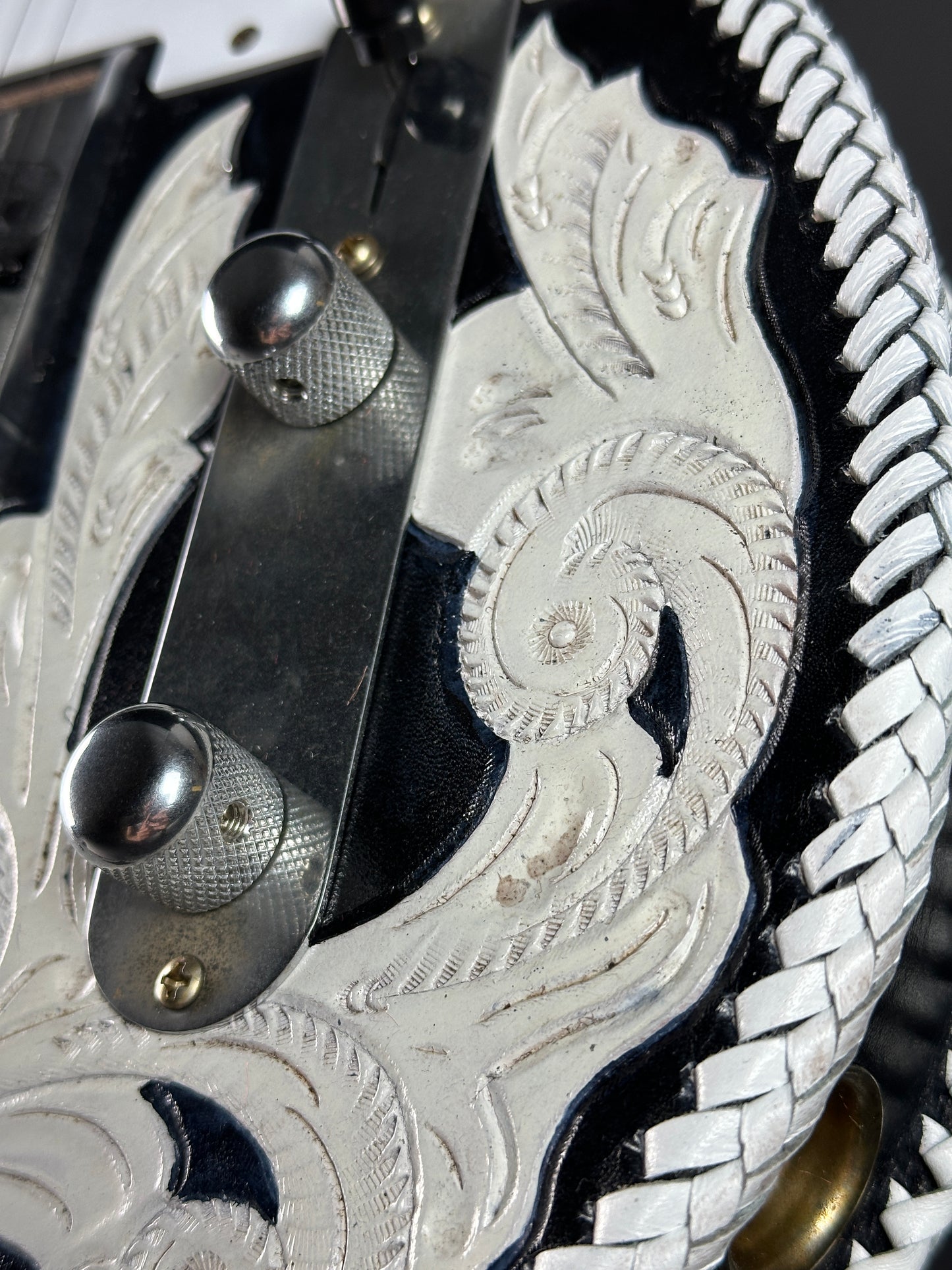 Detail near control plate of Fender Custom Shop Limited Edition Masterbuilt Waylon Jennings Telecaster Relic.