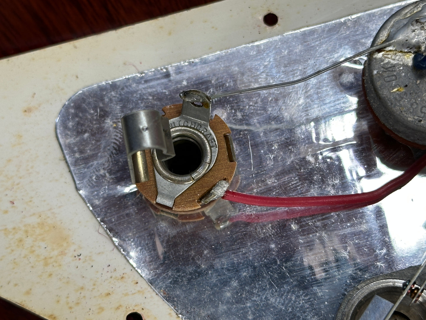 Bottom of output jack of Vintage 1971 Gibson Flying V Medallion #145.