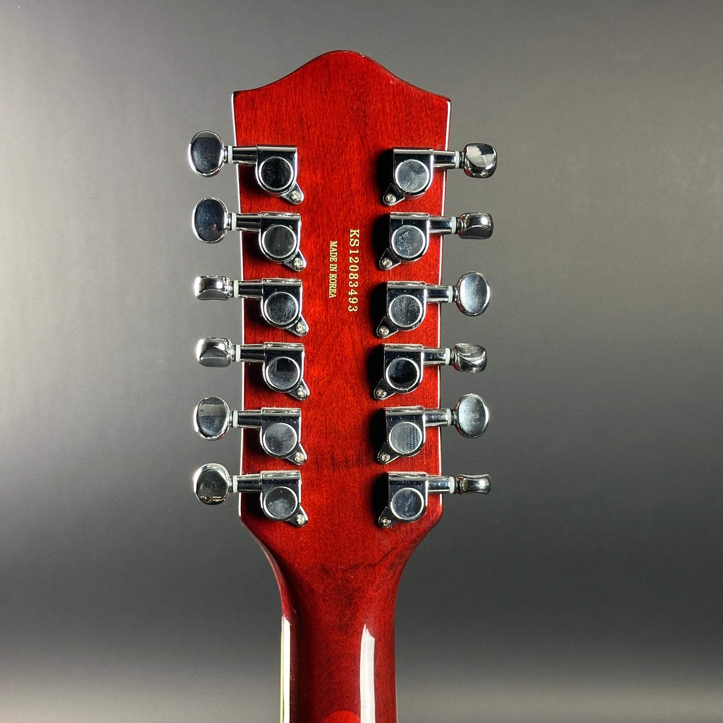 Back of headstock of Used Gretsch G5422-12 Sunburst.