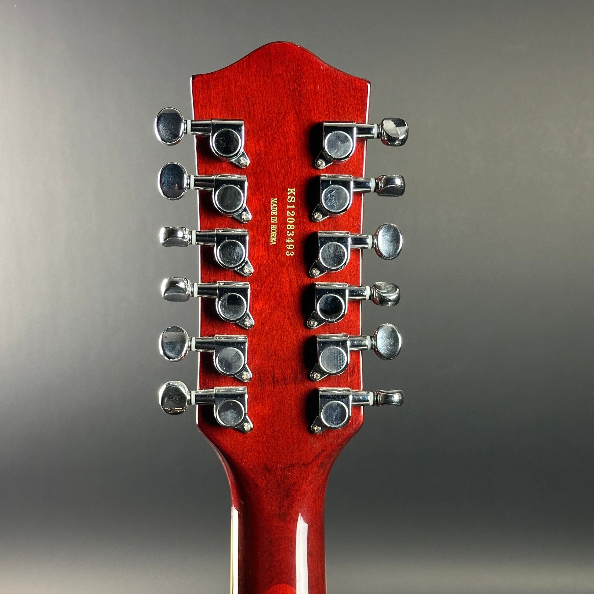 Back of headstock of Used Gretsch G5422-12 Sunburst.