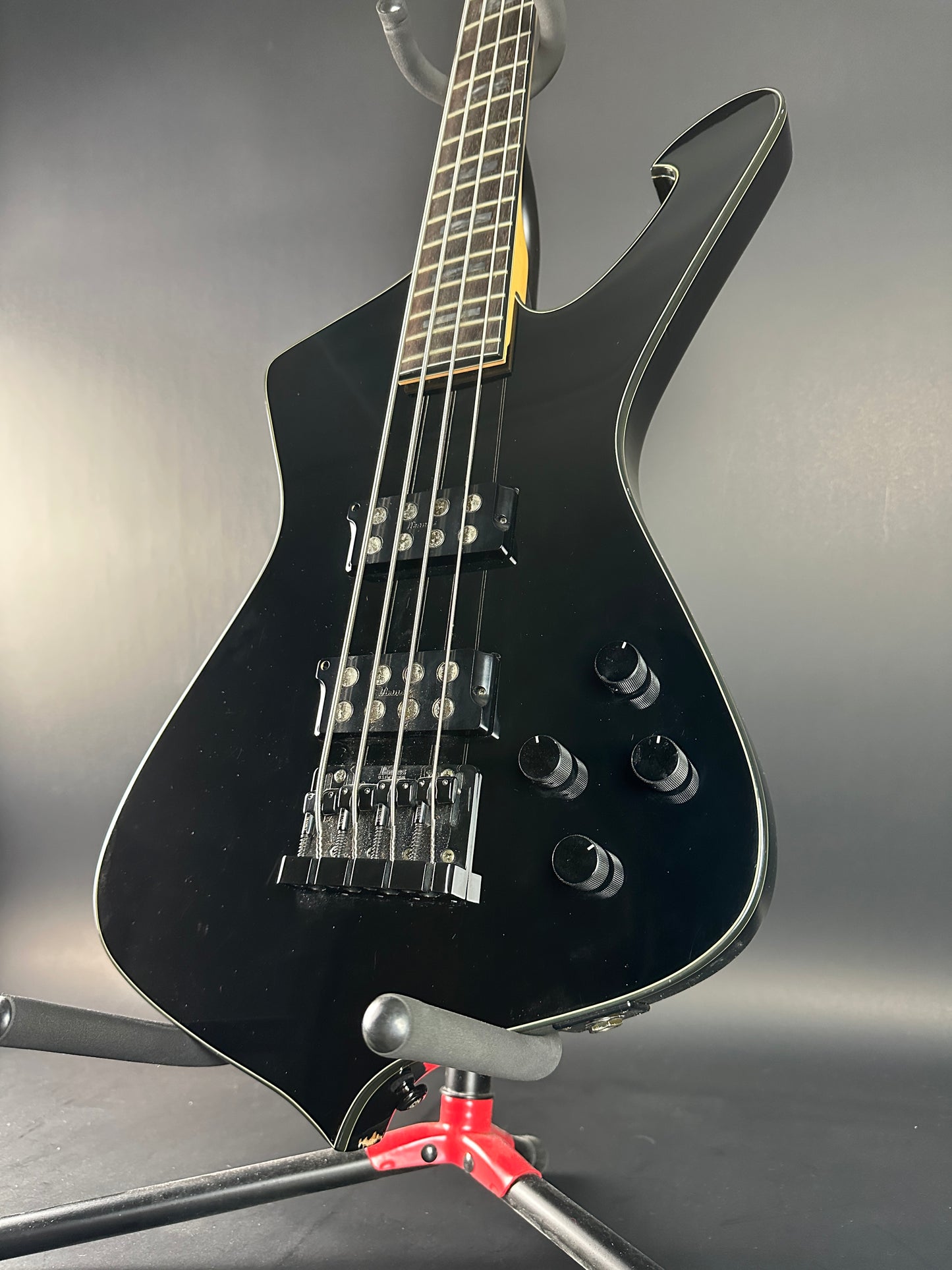 Front angle of Used Ibanez Iceman ICB300EX Bass Black.