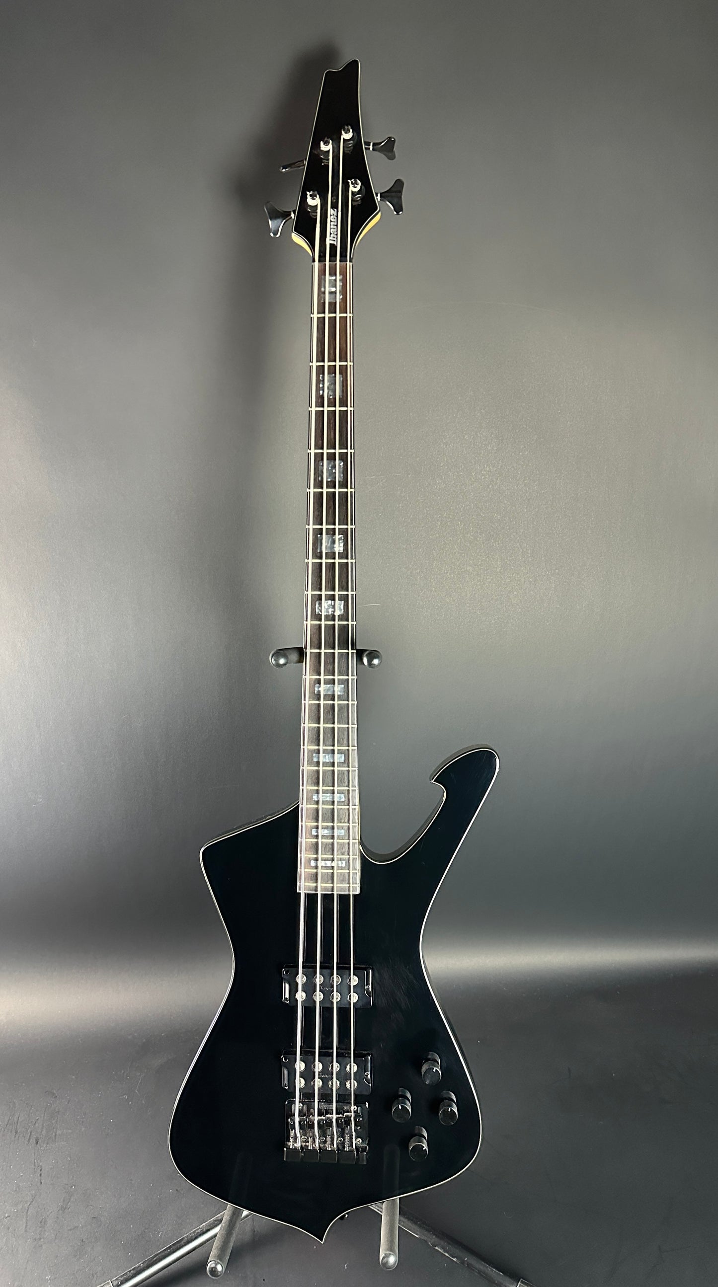 Full front of Used Ibanez Iceman ICB300EX Bass Black.