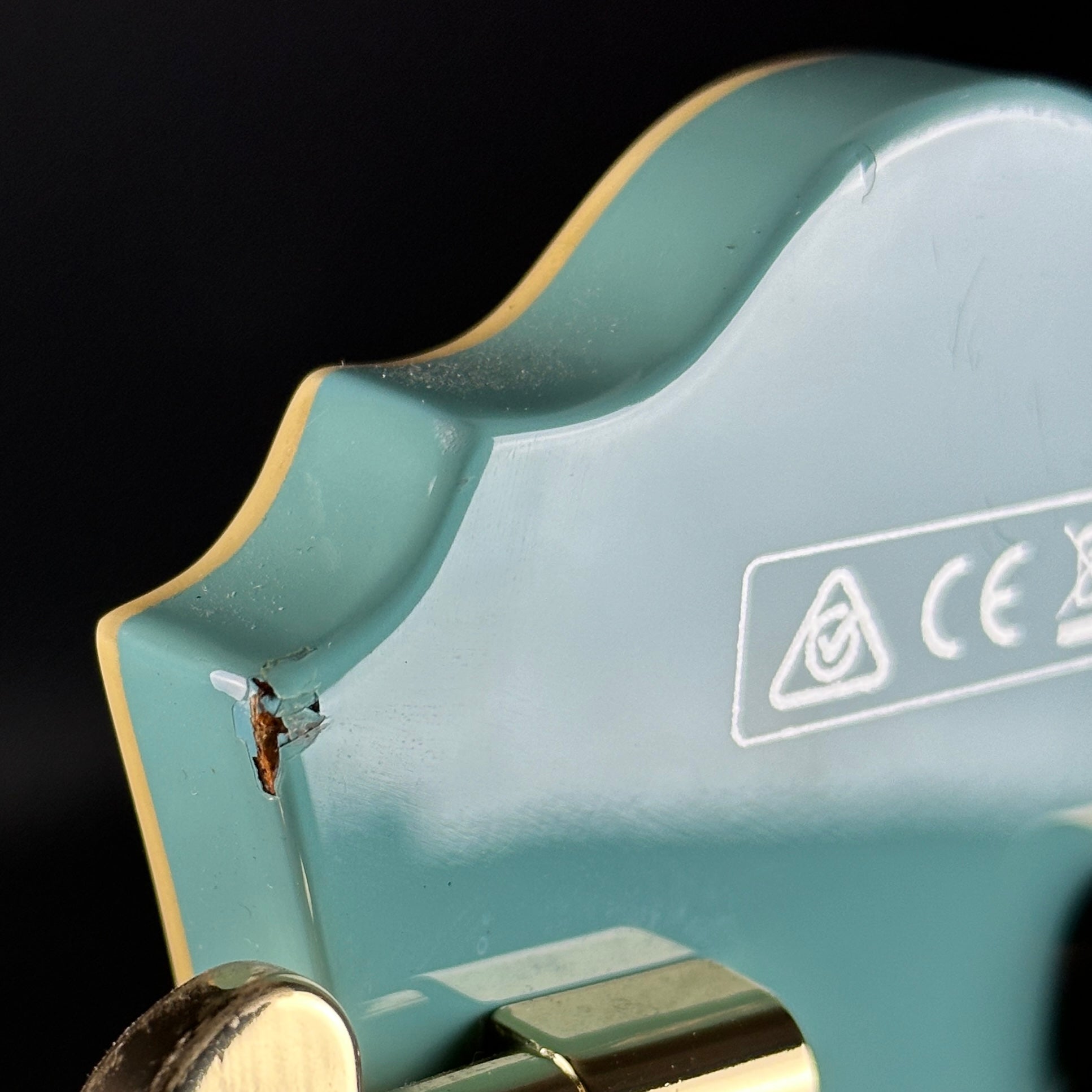 Chip on back of headstock of Used Ibanez AS73G-MTB Blue.