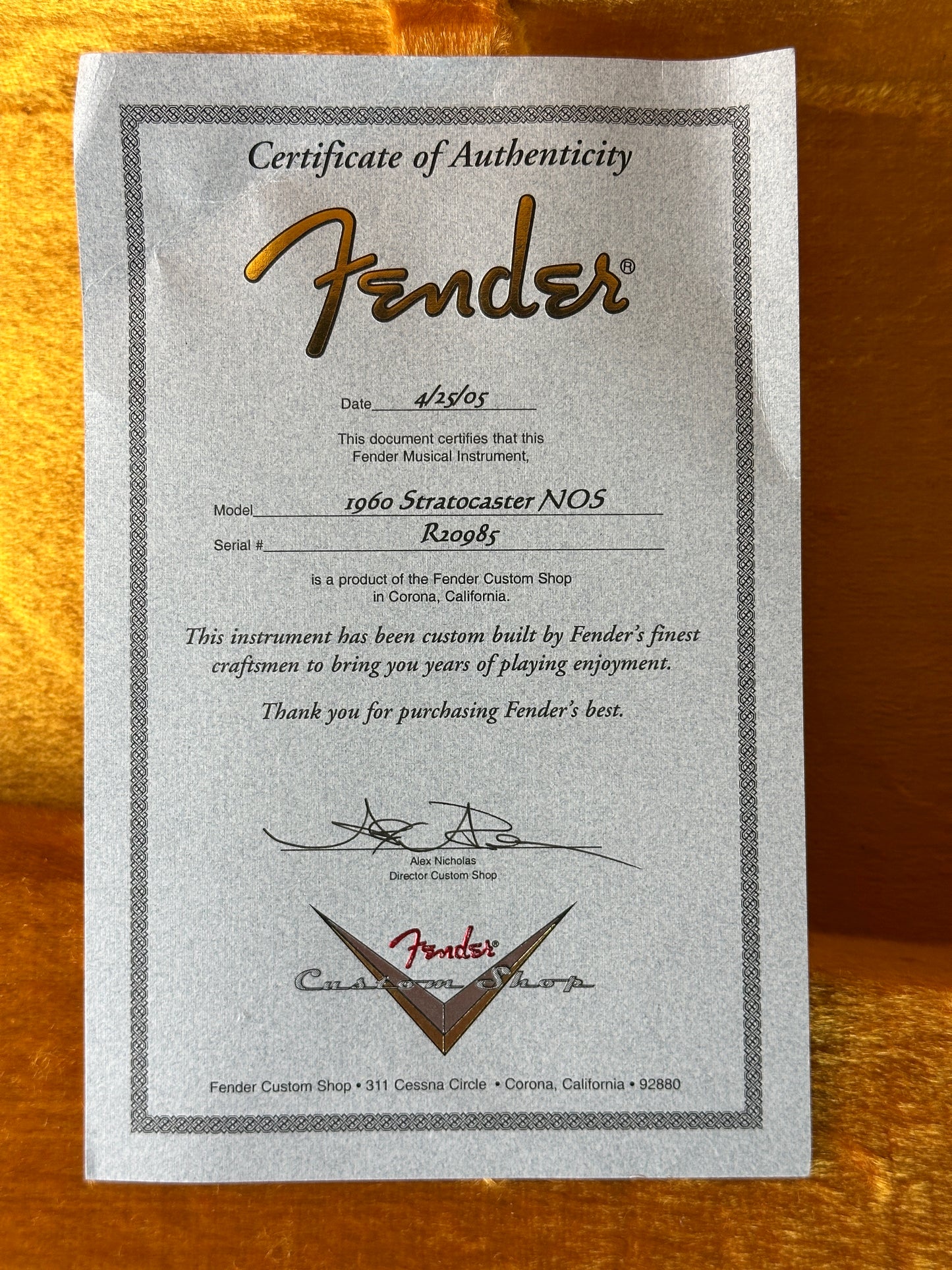 Certificate of authenticity for Used 2005 Fender 1960 Stratocaster NOS Sunburst.