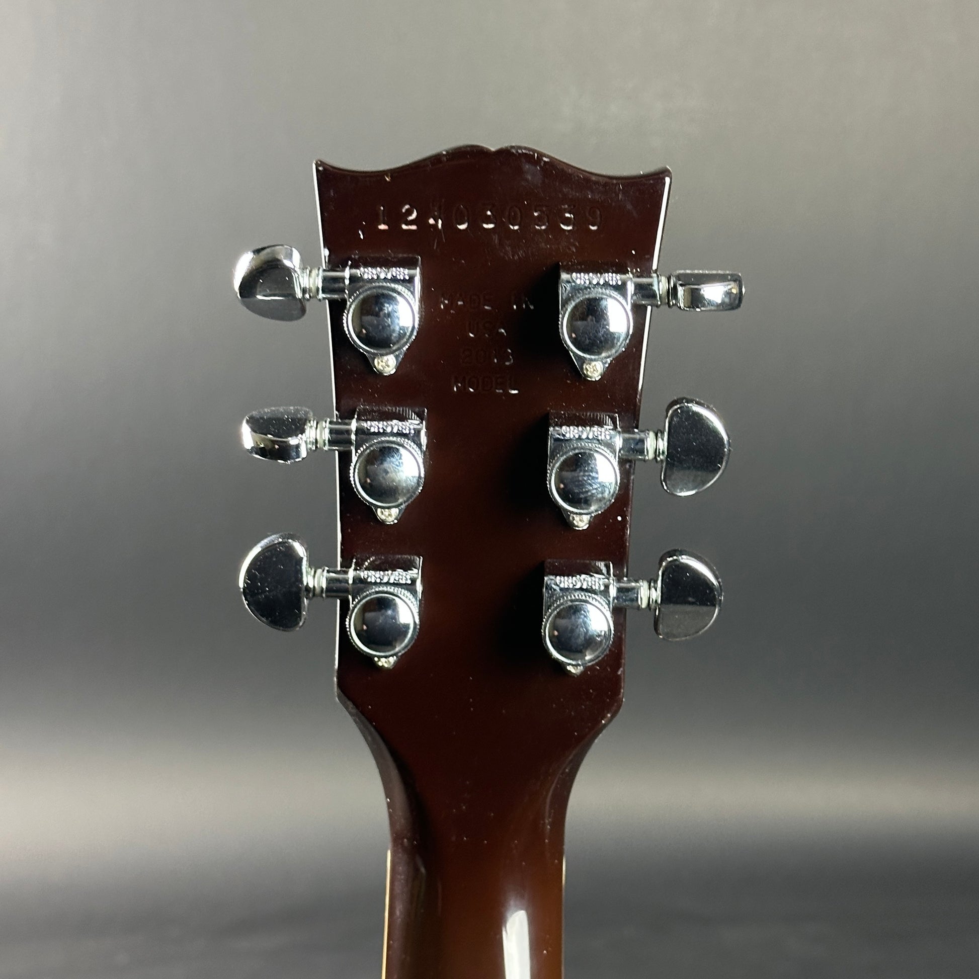 Back of headstock of Used 2013 Gibson Les Paul Standard Sunburst.