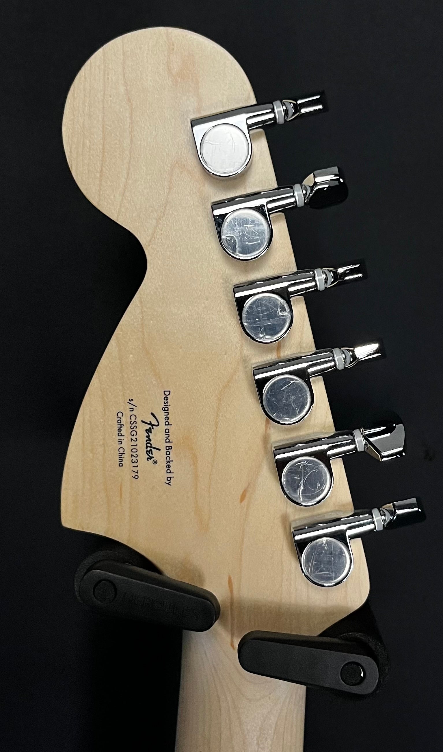 Back of headstock of Used 2022 Squire Affinity Stratocaster LRL WPG 3TS TFW159
