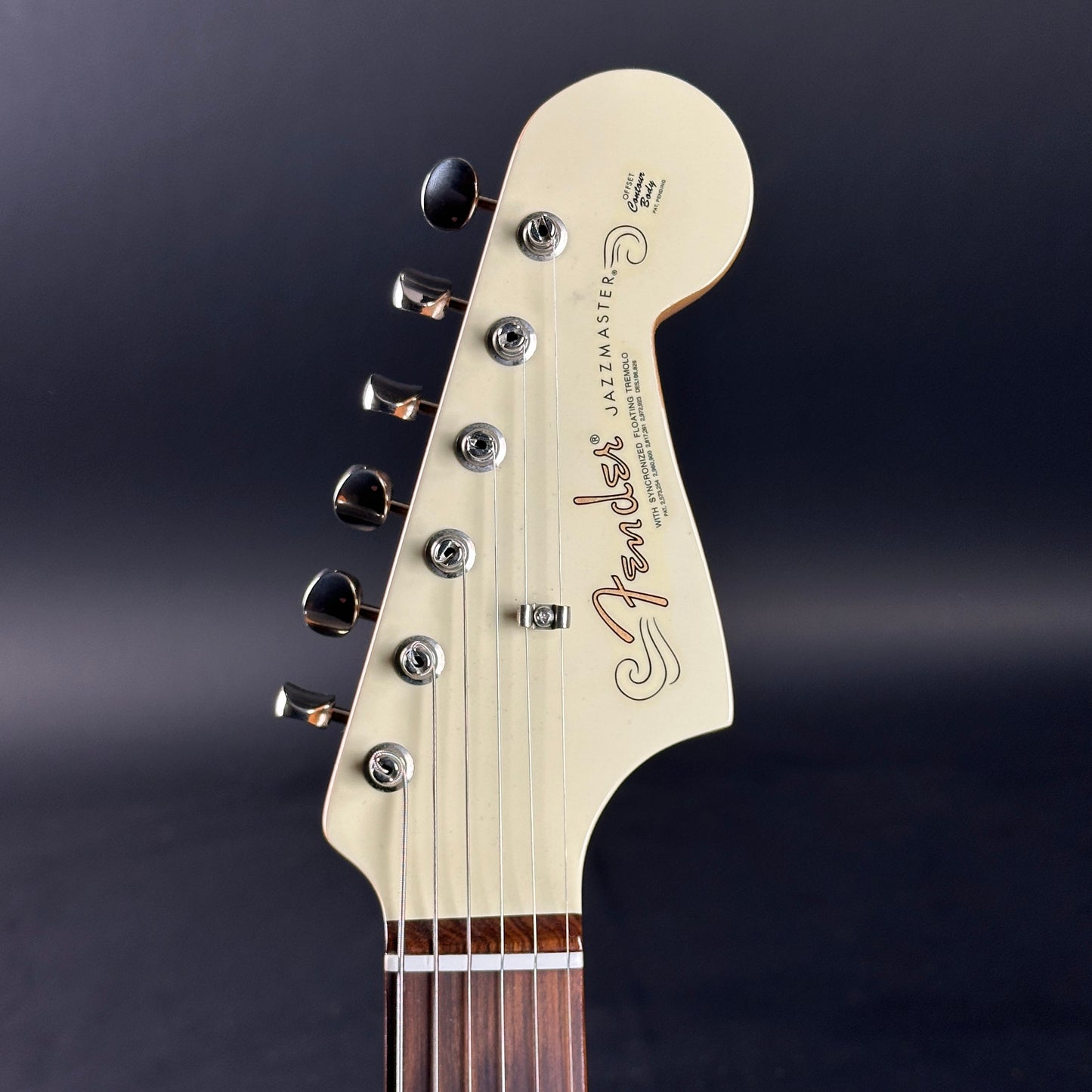 Headstock of Used Fender Vintera I Jazzmaster Olympic White.