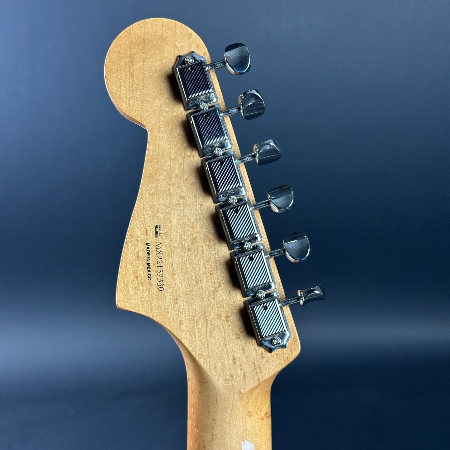 Back of headstock of Used Fender Vintera I Jazzmaster Olympic White.