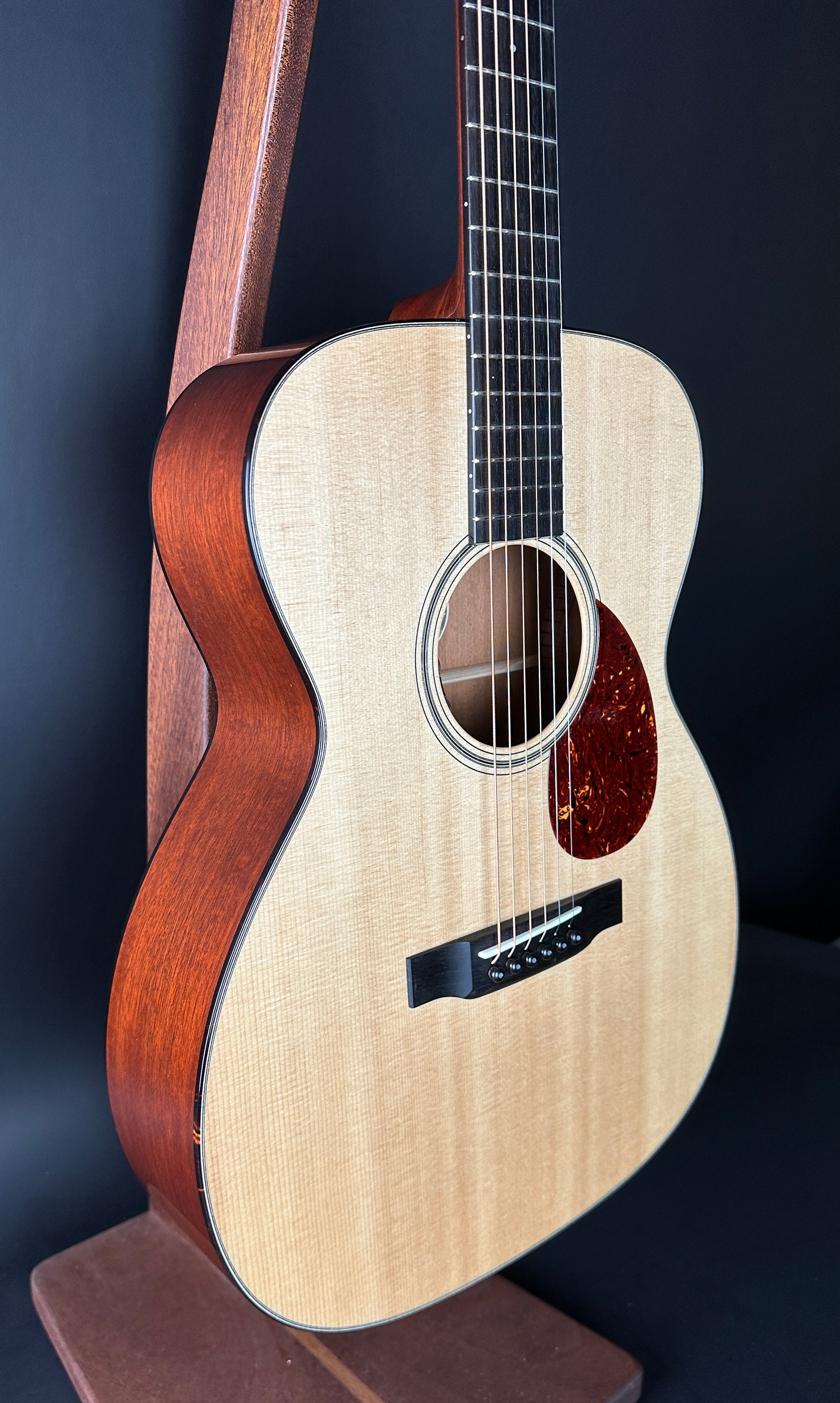 Front angle of Used Collings OM1 Sitka/Mahogany.