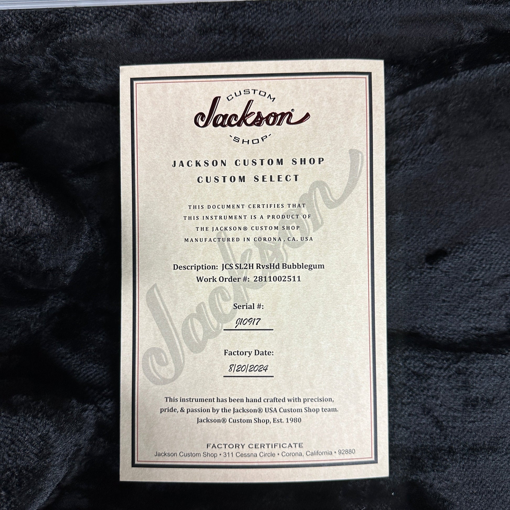 Certificate of authenticity for Jackson Custom Shop SL2H Reverse Headstock Bubblegum.