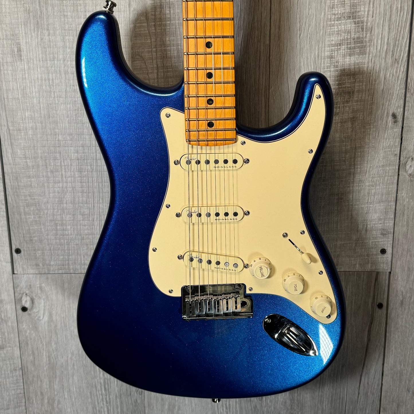 Front of Used 2022 Fender American Ultra Stratocaster MN Cobra Blue w/case TSS3673