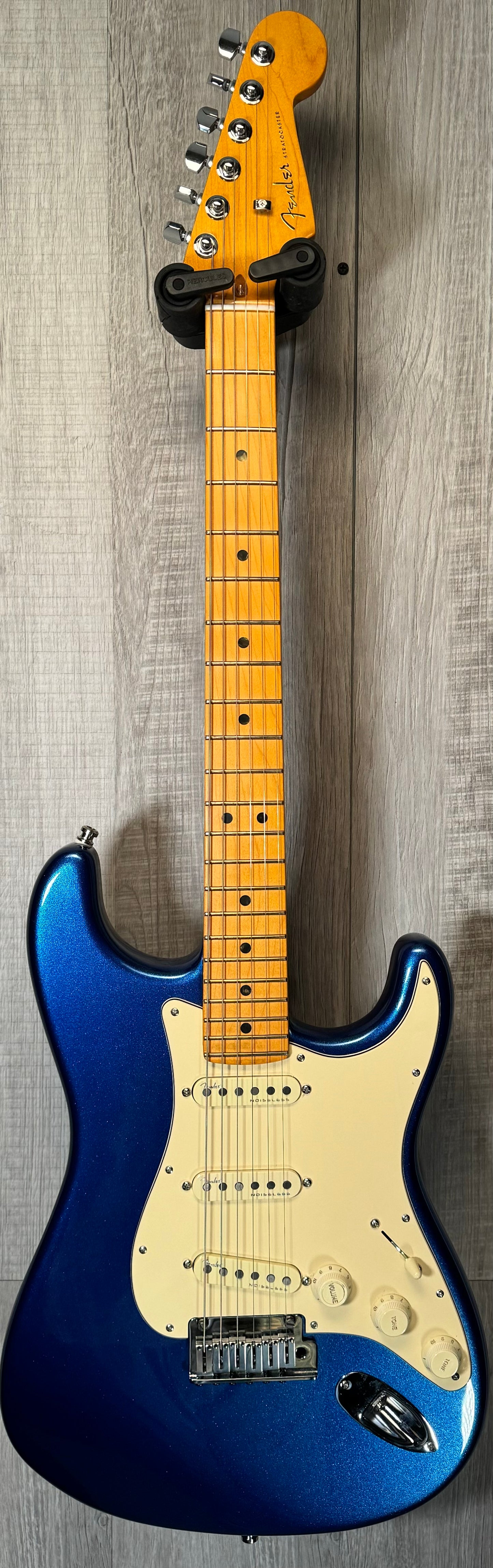 Full front of Used 2022 Fender American Ultra Stratocaster MN Cobra Blue w/case TSS3673
