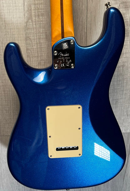Back of Used 2022 Fender American Ultra Stratocaster MN Cobra Blue w/case TSS3673
