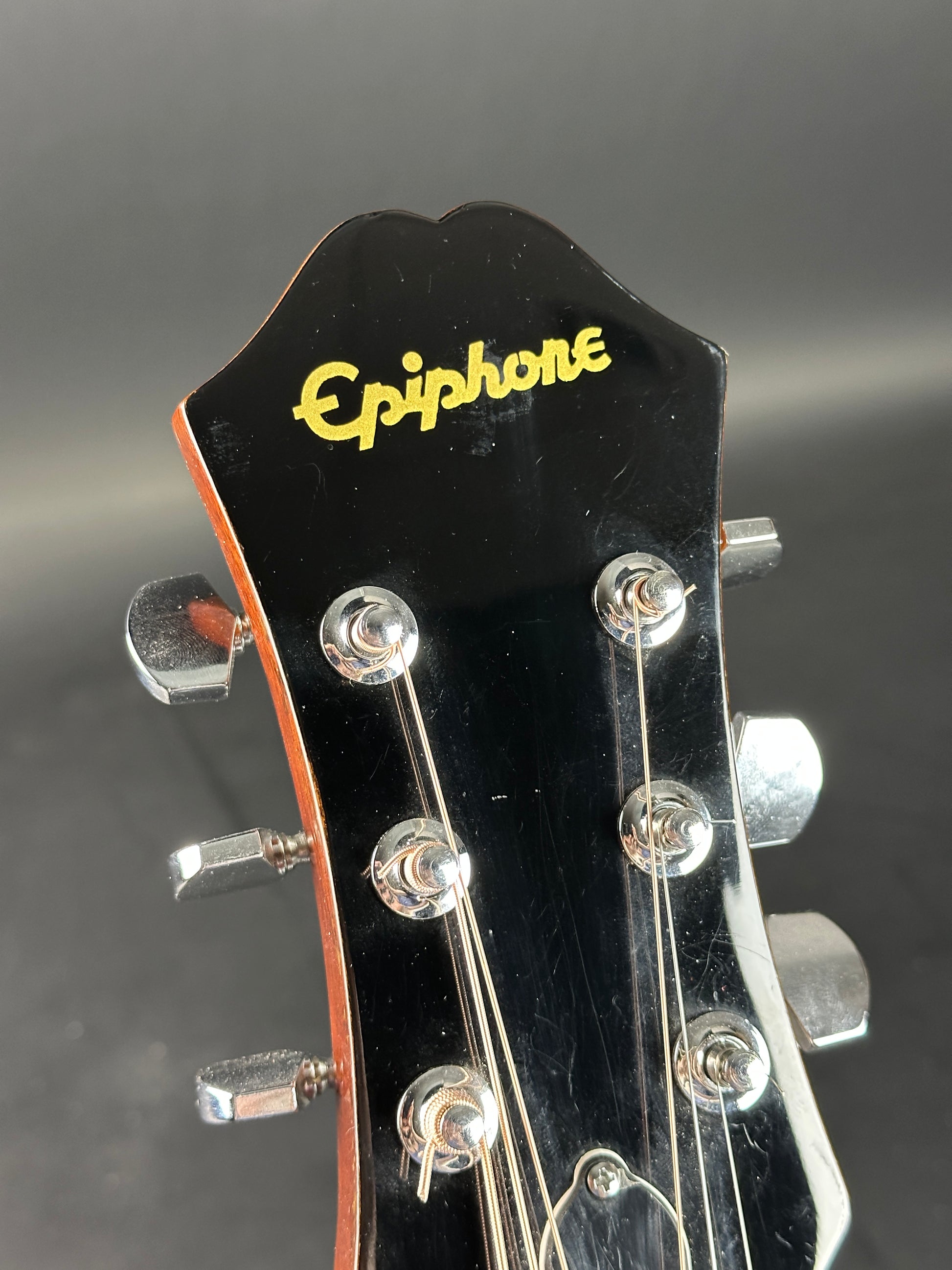 Headstock of Used Epiphone PR-150 Acoustic Natural.