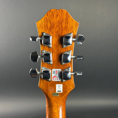 Back of headstock of Used Epiphone PR-150 Acoustic Natural.