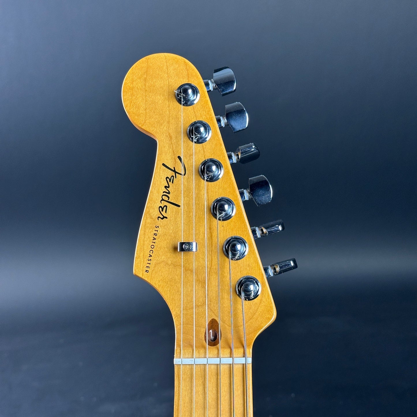 Headstock of Used 2021 Fender American Ultra Strat Ultraburst Left Handed.