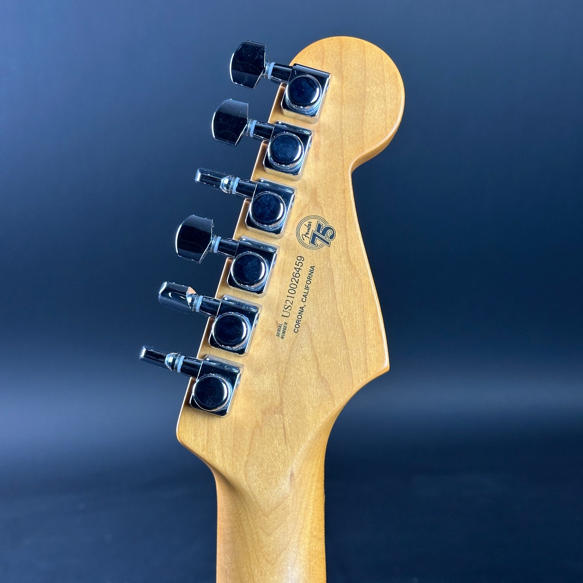 Back of headstock of Used 2021 Fender American Ultra Strat Ultraburst Left Handed.