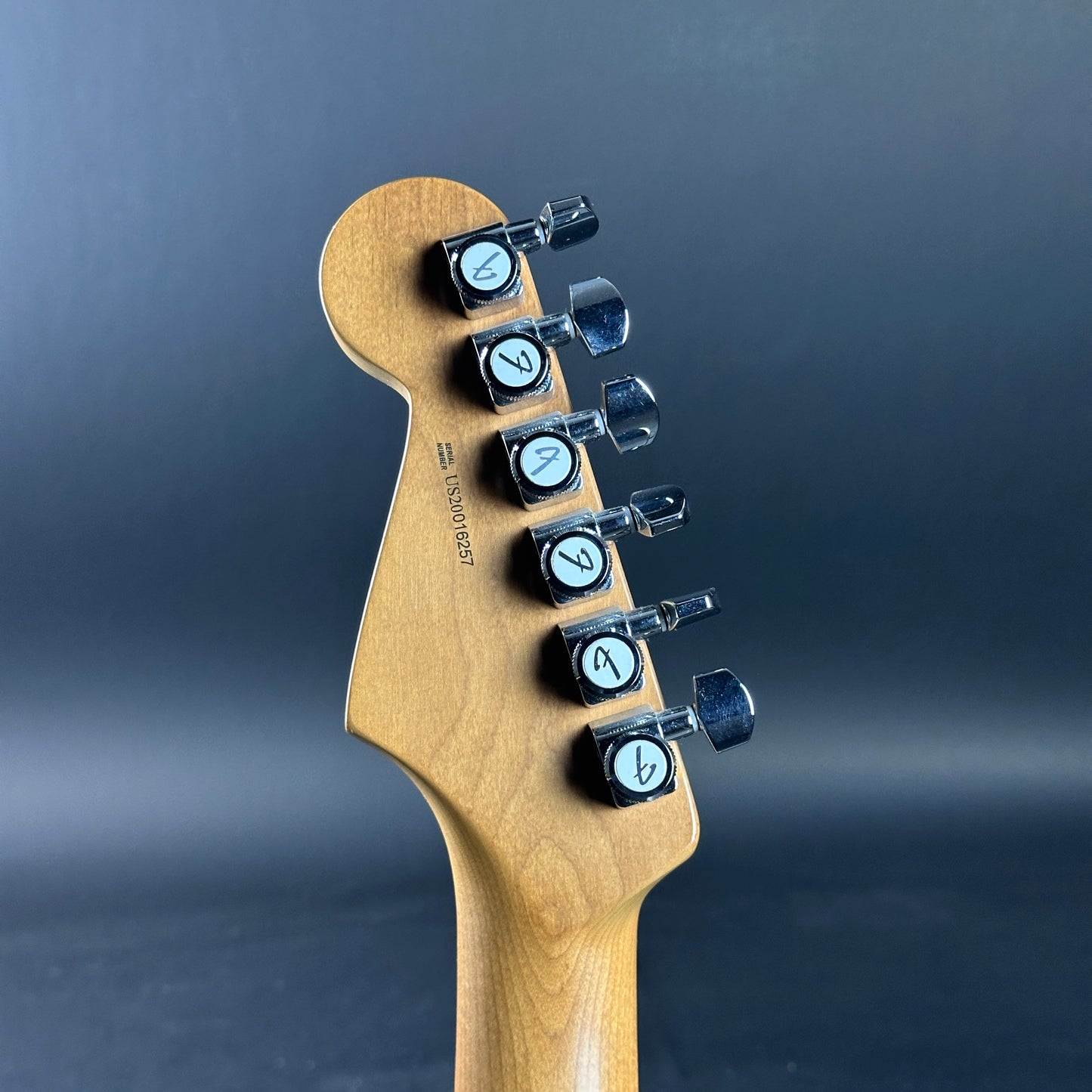 Back of headstock of Used Fender American Professional II Surf Green Roasted Neck.