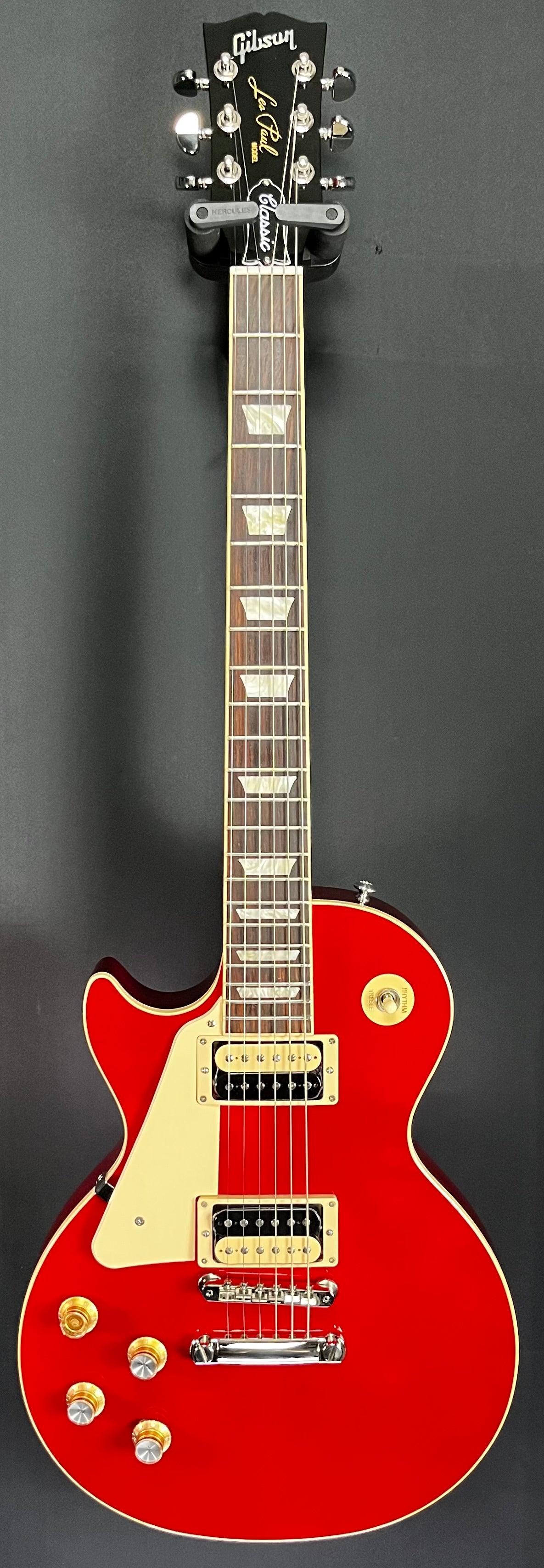 Full Front of Used 2021 Gibson Les Paul Classic Left Handed Transparent Cherry  w/Case TFW175