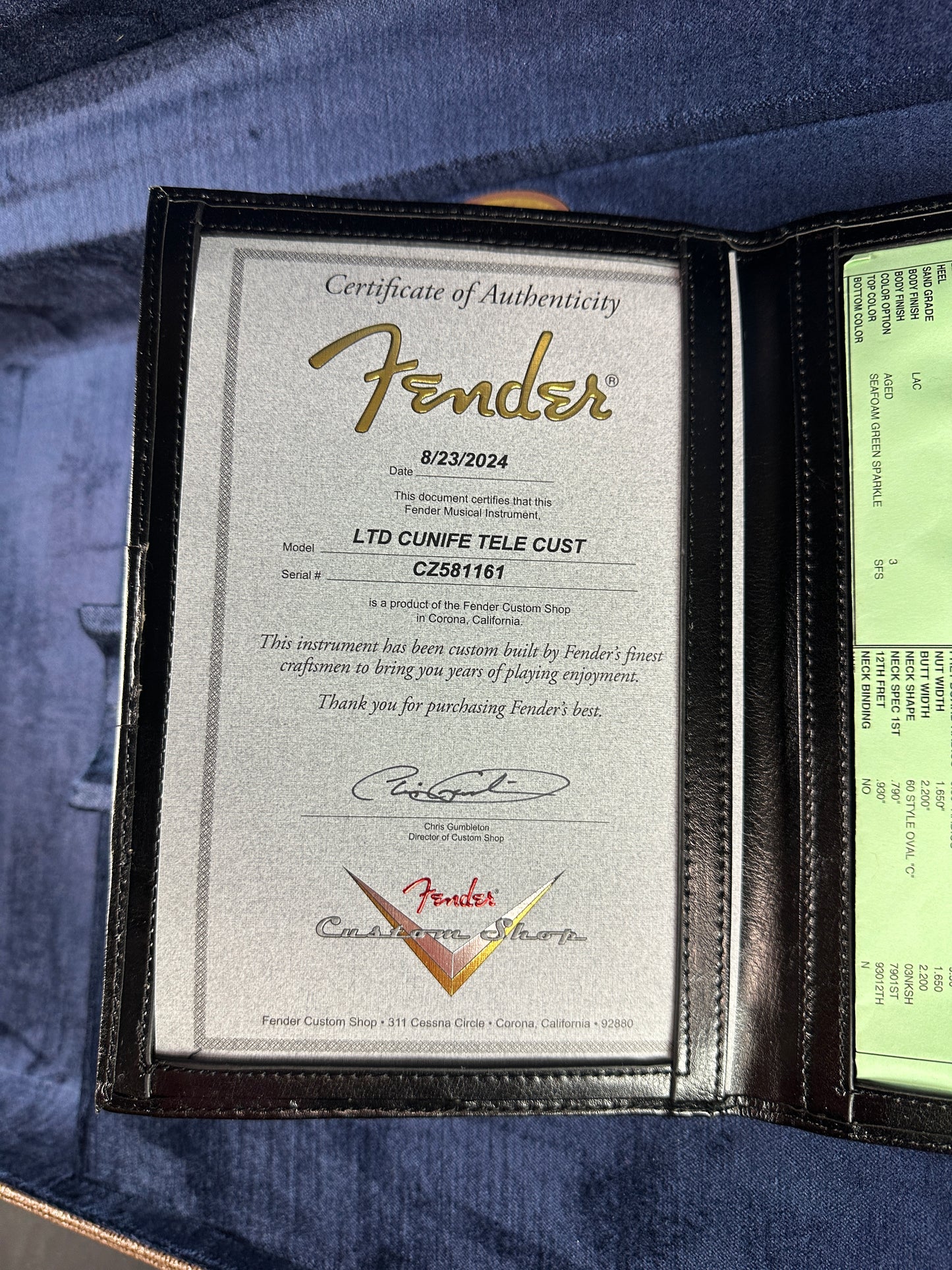 Certificate of authenticity for Fender Custom Shop Limited Edition Cunife Tele Custom Journeyman Relic Aged Sea Foam Green Sparkle.