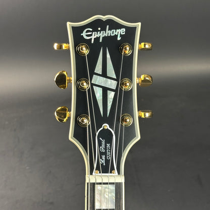 Headstock of Used Epiphone Inspired by Gibson 1963 Les Paul SG Custom Vibrola Classic White.