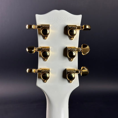 Back of headstock of Used Epiphone Inspired by Gibson 1963 Les Paul SG Custom Vibrola Classic White.