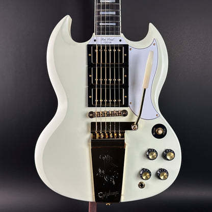 Front of Used Epiphone Inspired by Gibson 1963 Les Paul SG Custom Vibrola Classic White.