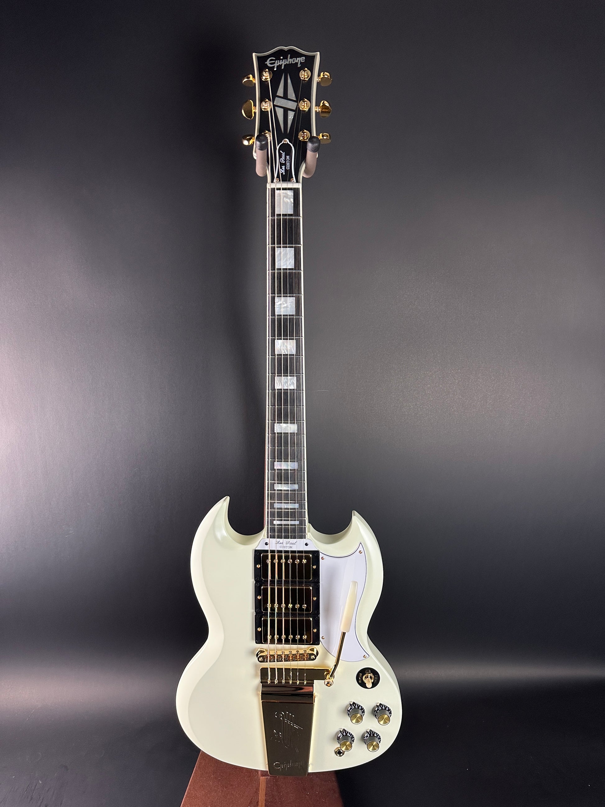 Full front of Used Epiphone Inspired by Gibson 1963 Les Paul SG Custom Vibrola Classic White.