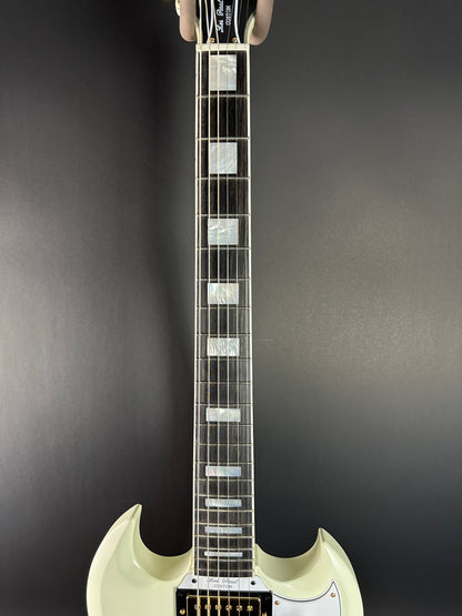 Fretboard of Used Epiphone Inspired by Gibson 1963 Les Paul SG Custom Vibrola Classic White.