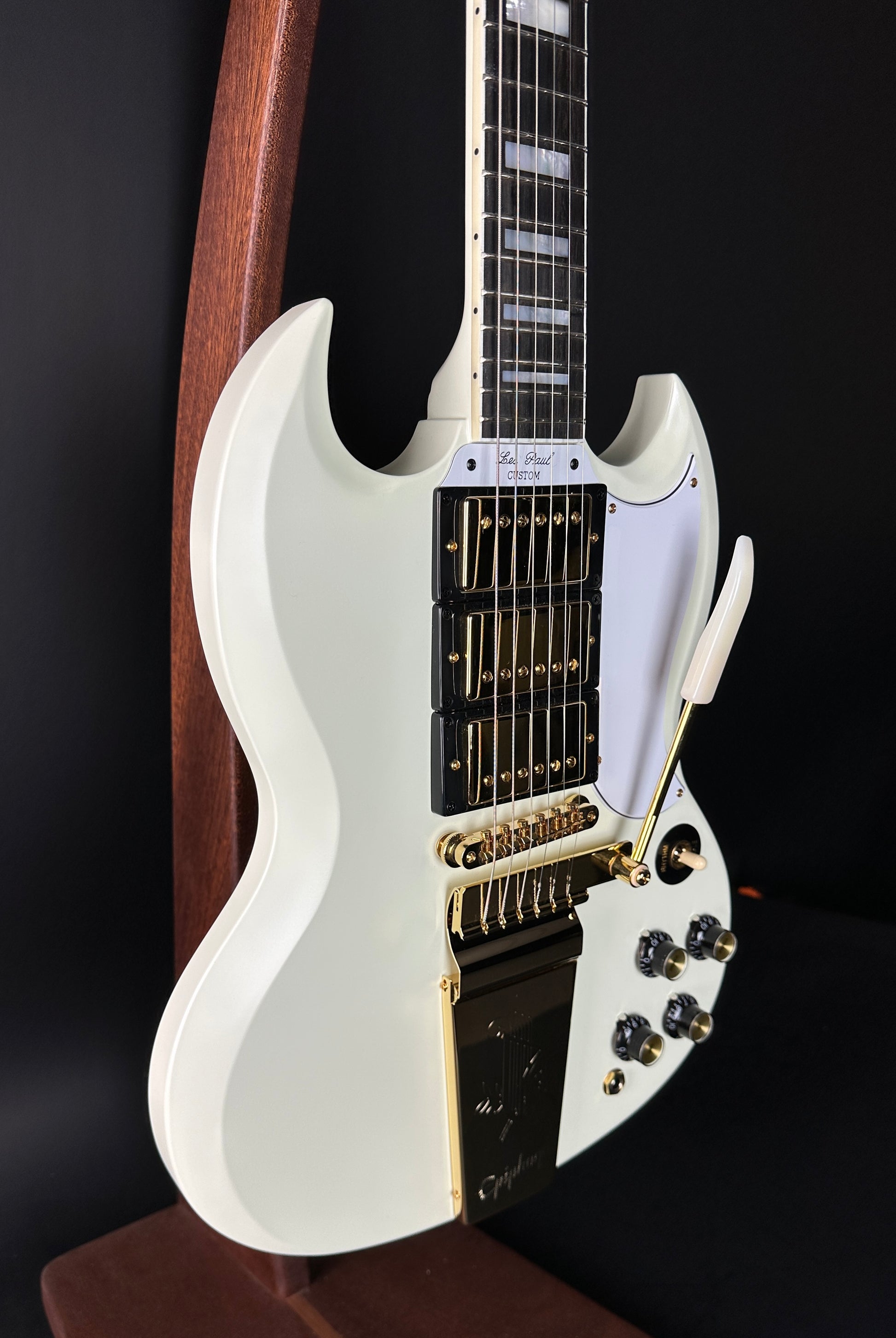 Front angle of Used Epiphone Inspired by Gibson 1963 Les Paul SG Custom Vibrola Classic White.