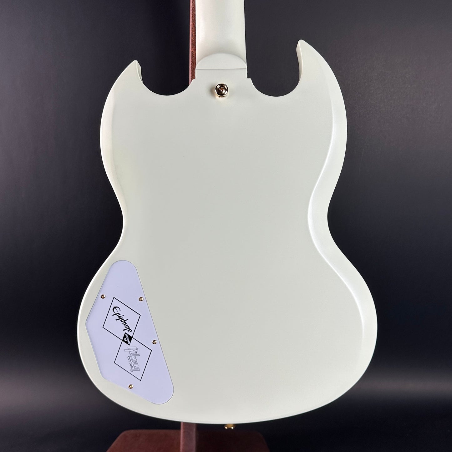 Back of Used Epiphone Inspired by Gibson 1963 Les Paul SG Custom Vibrola Classic White.