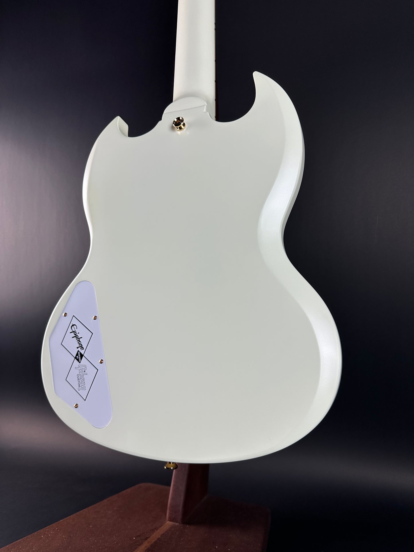 Back angle of Used Epiphone Inspired by Gibson 1963 Les Paul SG Custom Vibrola Classic White.