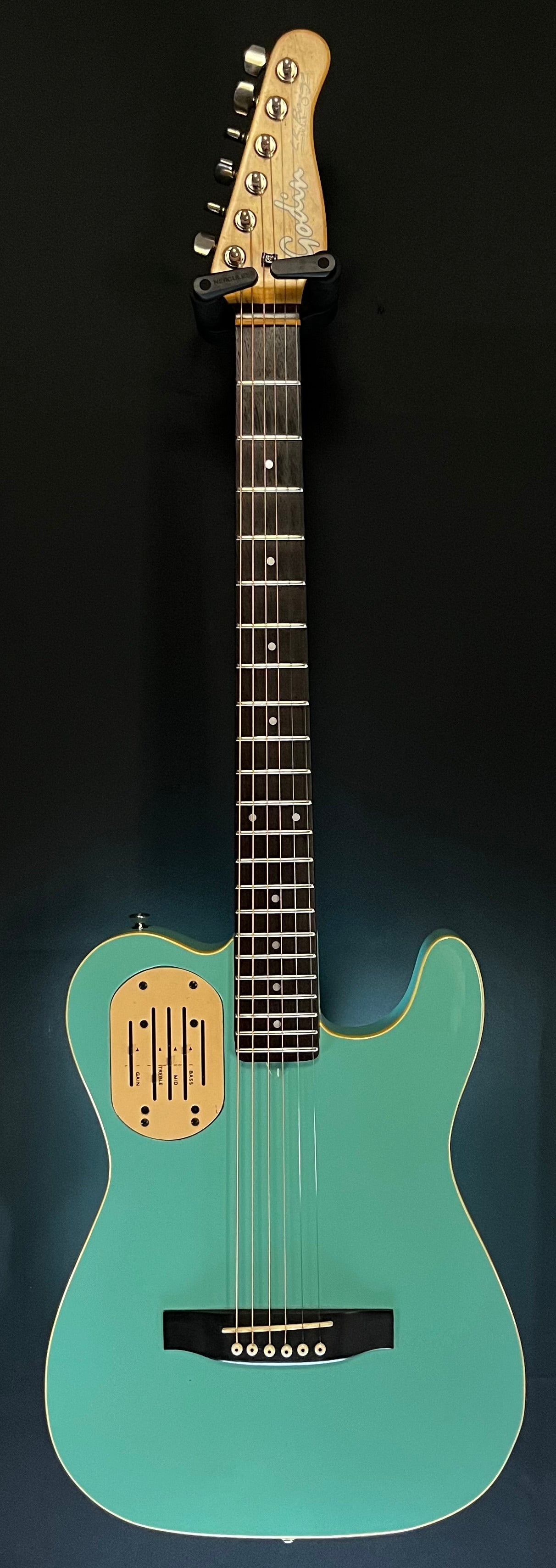 Full Front of Used 90's Godin Acousticaster Aqua w/Bag TFW186