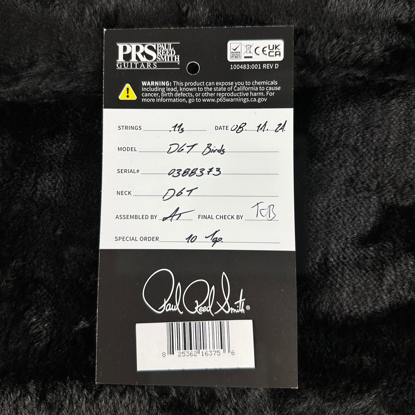 Hang tag for PRS DGT Black Gold Wraparound Burst 10 Top Birds.