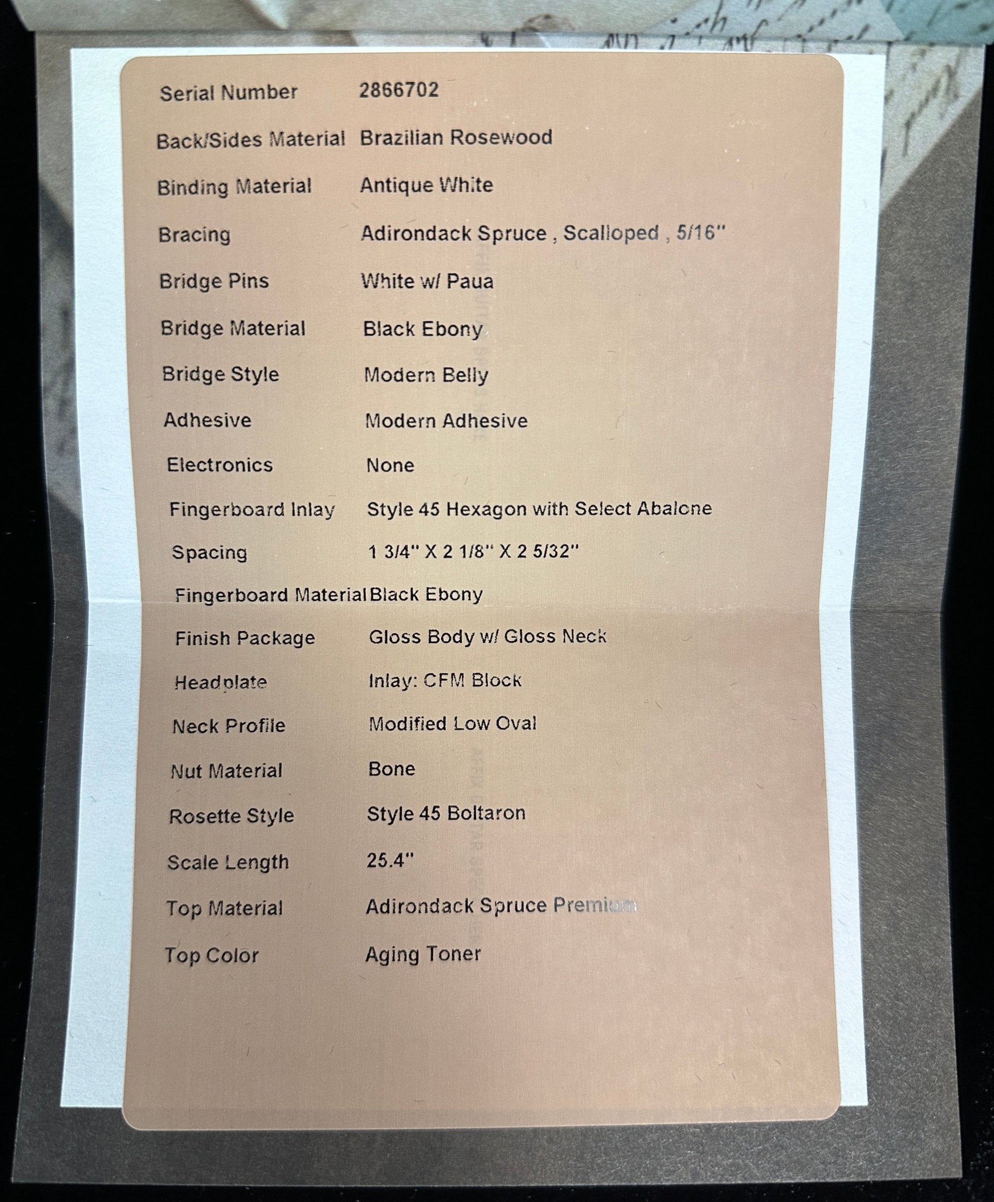 Spec sheet for Martin Custom Shop D-45 Adirondack/Brazilian Rosewood.