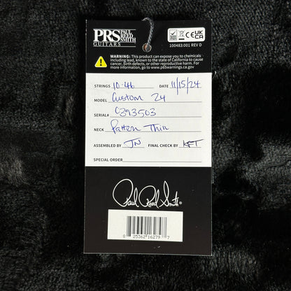 Hang tag for PRS Paul Reed Smith Custom 24 Blacktop.