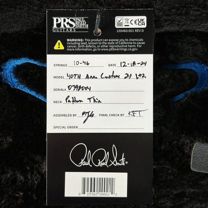 Hang tag for PRS 40th Anniversary Custom 24 Limited Edition Sub Zero.