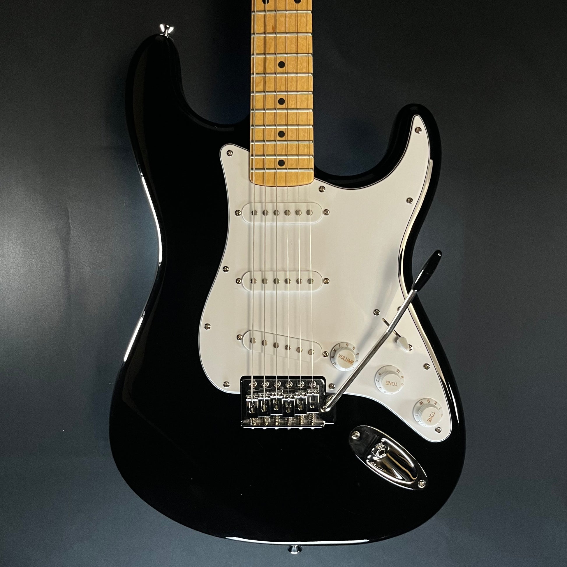 Front of Used Squier Affinity Stratocaster Black TFW235