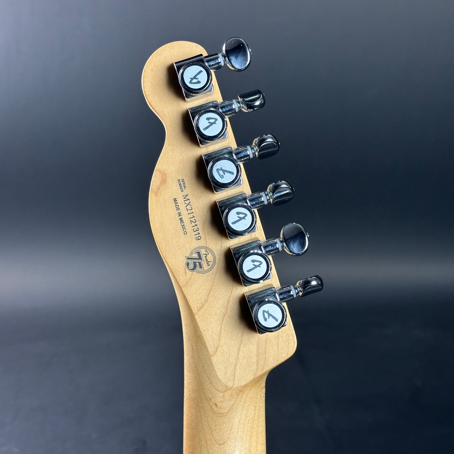 Back of headstock of Used 2021 Fender Deluxe Nashville Telecaster Sunburst.