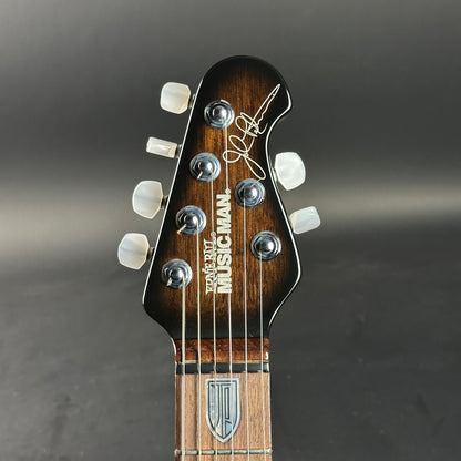 Headstock of Used 2007 Ernie Ball Family Reserve Petrucci Black Sunburst.