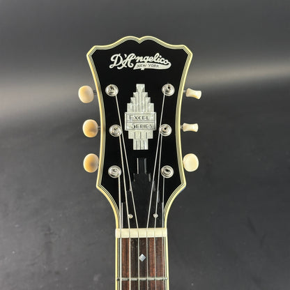 Headstock of Used D'angelico Excel Mini  DC Tour Slate Blue.