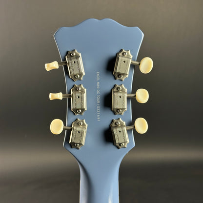 Back of headstock of Used D'angelico Excel Mini  DC Tour Slate Blue.